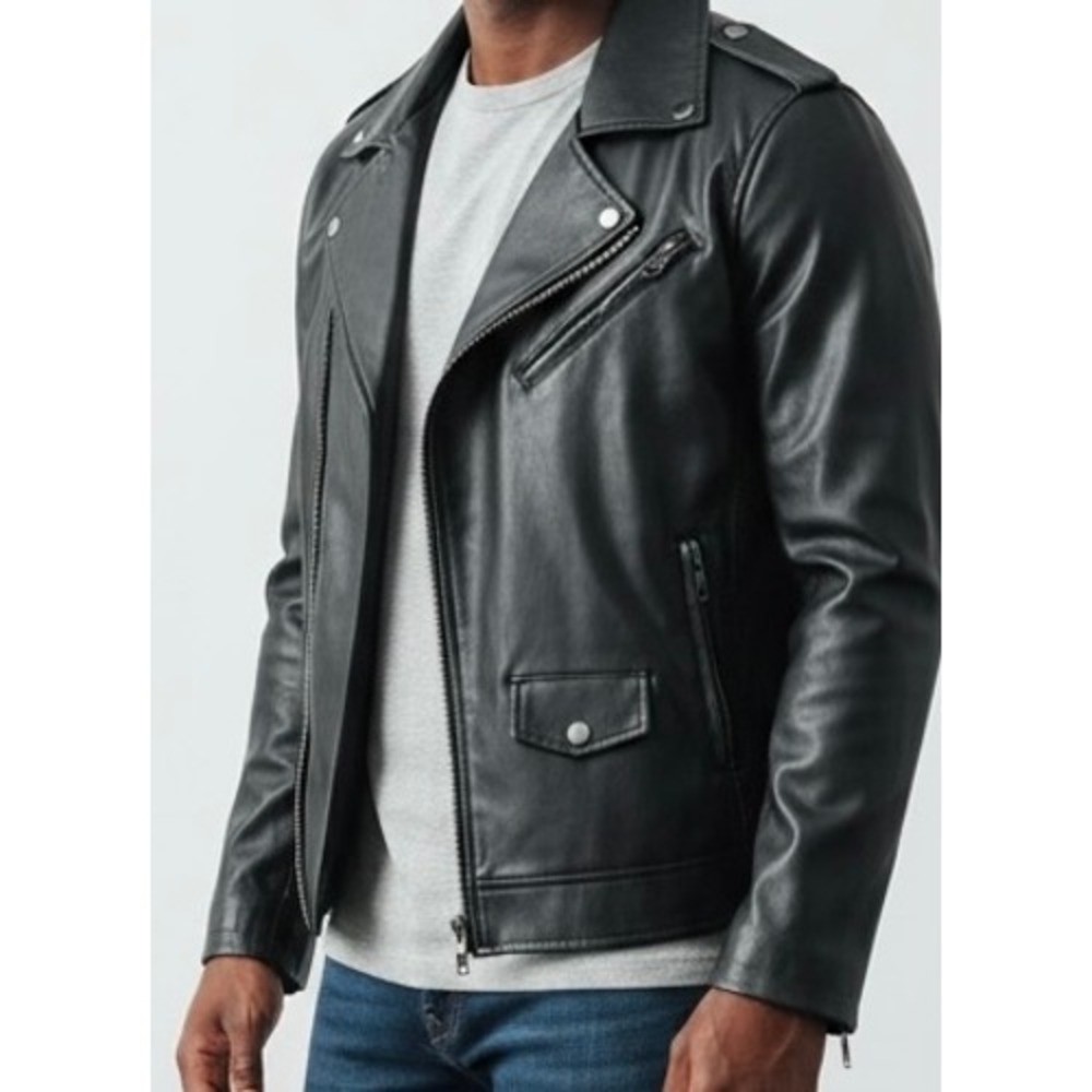 Calvin Klein Mens Faux Leather Moto Jacket Black Cafe Racer Quilted Lined Medium